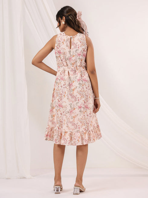 Janasya Women's Peach Pure Cotton Floral Printed A line Dress